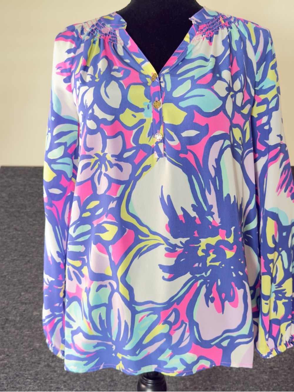 Lilly Pulitzer Elsa Silk Top with Tropical Print in Pink, Purple & Yellow - Picture 2 of 12